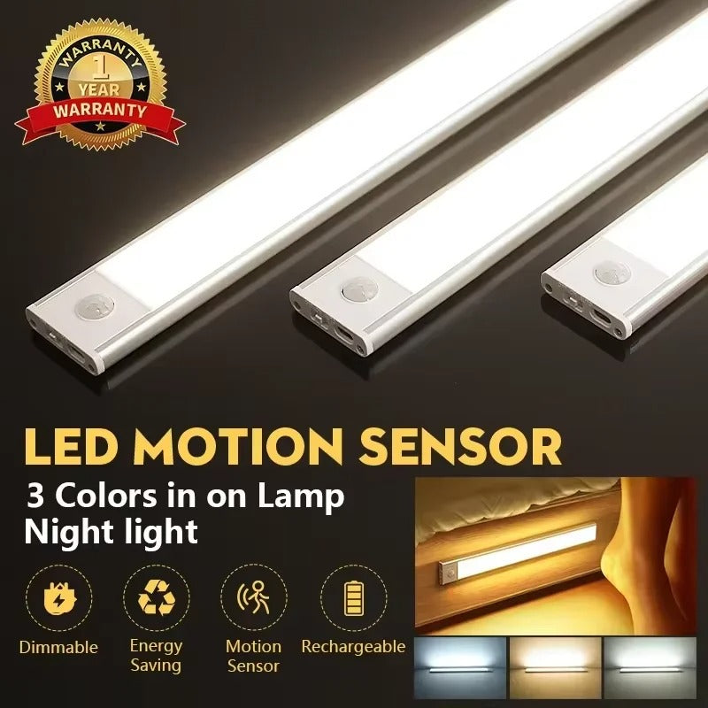 Motion Sensor LED Cabinet Light - USB Rechargeable Dimmable 3 Color Wardrobe Night Light