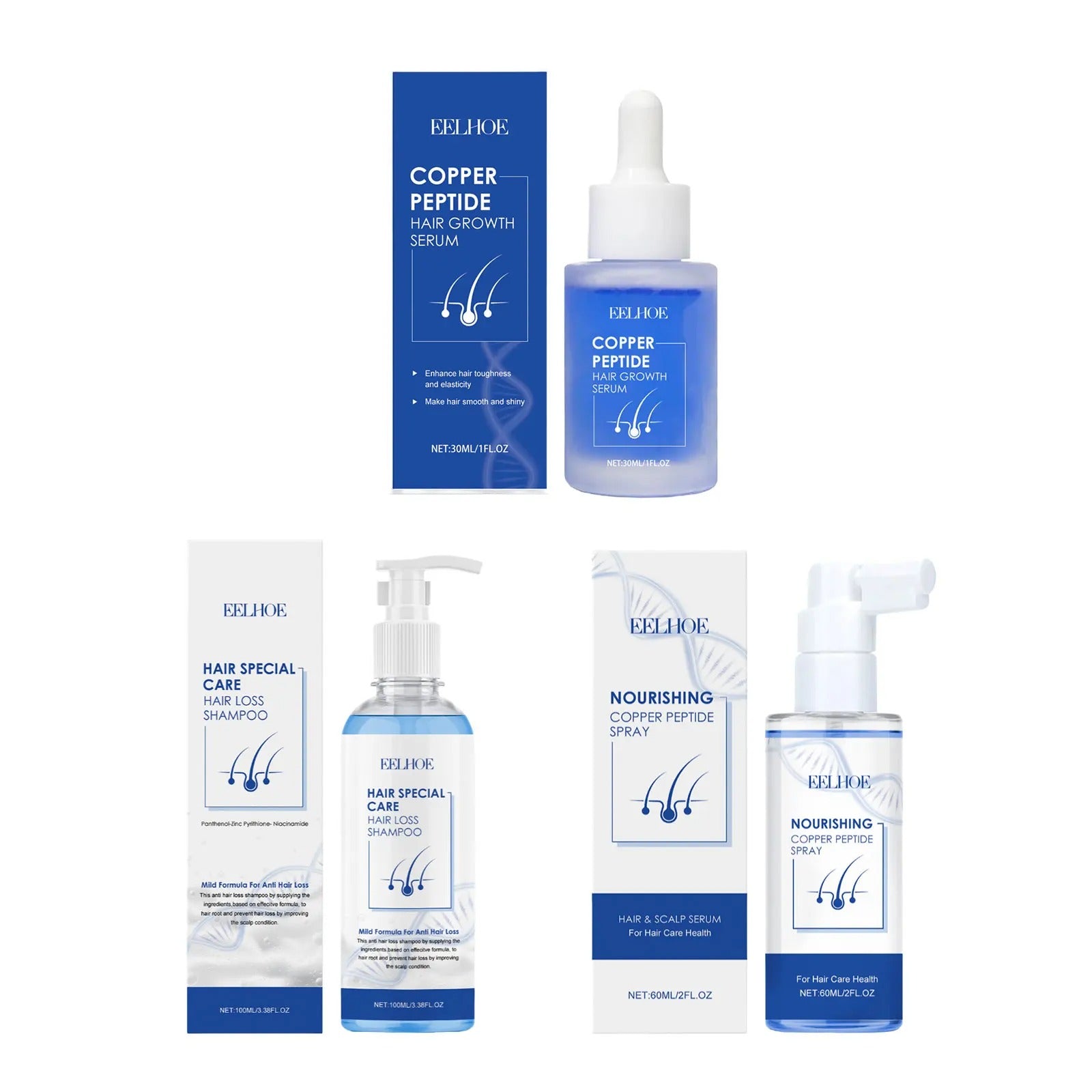 EELHOE Blue Copper Peptide Hair Care Set - Anti Hair Loss Serum & Repair Treatment for Damaged Hair